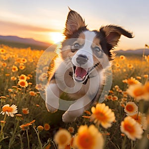 Border Collie puppy running through a field of wildflowers in the golden hour by AI generated