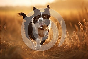 Border collie running in the field at sunset. The border collie is a breed of dog in the family Felidae. Ai generated