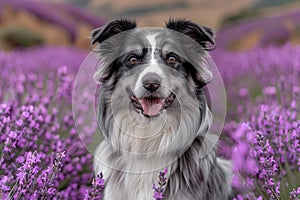 Border Collie smiling in lavender field, ideal for pet therapy programs,. AI Generated