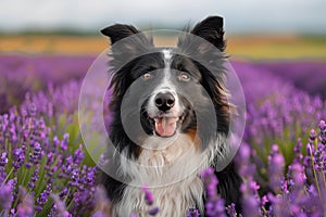 Border Collie smiling in lavender field, ideal for pet therapy programs,. AI Generated