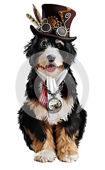 Border collie in a steampunk costume. Watercolour drawing