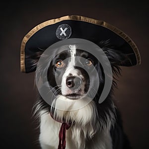 Border collie wearing an antique pirate hat and cocked hat, portrait, close-up.