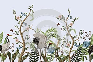 Border with cranes and peonies in chinoiserie style. Vector.