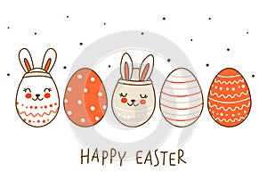 Border with cute decorated eggs isolated on white - cartoon greeting card for happy Easter design