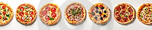 A border of different pizzas arranged in a line white isolated