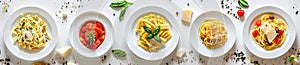 A border of different types of pasta in plates arranged in a line white isolated