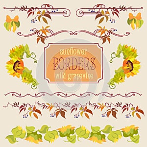 Border elements set with sunflower and grape