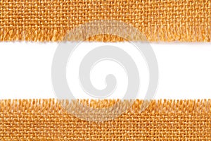 Border fabric texture of torn linen sacking cloth, ripped edge o