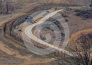 The border fence separating North and South Korea with guard tower