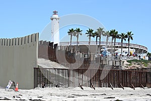 Border Field State Park Beach, CA, USA - July 30, 2023: The USA Mexico Border Wall near Friendship Park and Tijuana Beach