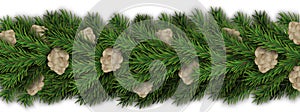 Border with fir branches and pine cones isolated on white background. 3d realistic vector