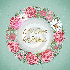 Border of flowers with All Good Wishes text. Floral card