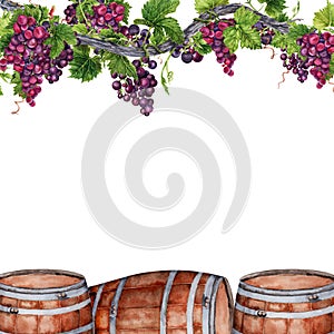 Border frame with cheese, wine glass, bottle, plate with green olives, knife on wooden board under bunches of grapes on vine