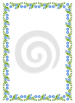 Border frame design concept of blue flowers with green leaves isolated on white background - vector