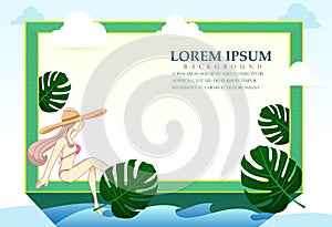 A border frame design decorated with girl in bikini and palm leaves, copy space, Vector illustration