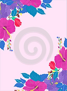 Border or frame design of frostbite,blue violet crayola color hibiscus flowers, blue NCS, bright navy blue color leaves with