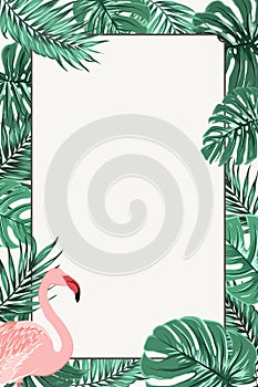 Border frame green tropical leaves pink flamingo