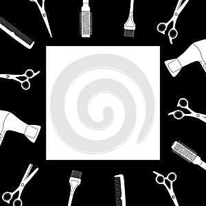 Border frame made of white hairdressing tools on a black background. Square vector illustration with hair salon