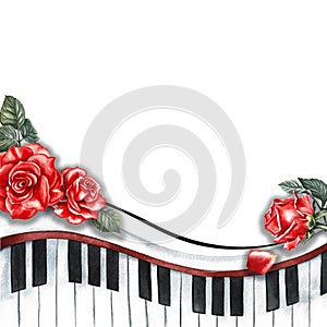Border frame with musical piano keys decorated with roses. The watercolor illustration is hand-drawn. For posters
