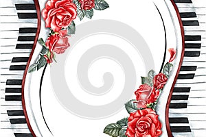 Border frame with musical piano keys decorated with roses. The watercolor illustration is hand-drawn. For posters