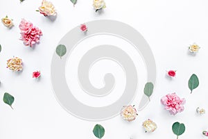 Border frame with pink rose flower buds and eucalyptus branches isolated on white background. Flat lay, top view. Floral