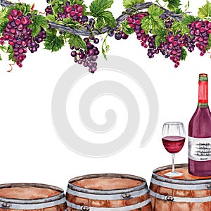Border frame with wine glass and bottle on top of wooden barrel under bunches of grapes with green leaves on vine branch. Hand