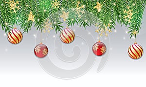 Border with green fir branches, christmas baubles, snowflakes, stars
