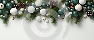 Wide arch shaped Christmas border isolated on white, composed of fresh fir branches. Generative Ai