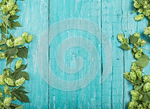 Border from green hop branches on turquoise rustic wooden background. Concept of beer production. Mock up for beer presentation.
