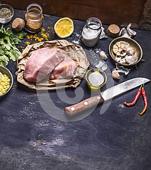 Border Ingredients for cooking concept Turkey meat on a paper for a steak knife grated lemon herbs garlic pepper salt on rustik w