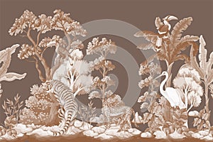 Border with jungle trees and animals. Monochrome interior vector print.