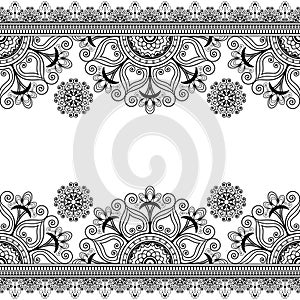 Border lace line element with flowers in Indian mehndi style for cards or tattoo isolated on white background.