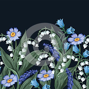 Border with lilies of the valley and other flowers. Vector.