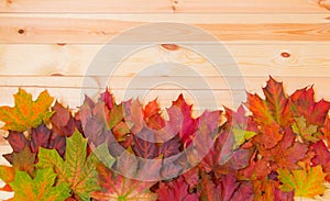 Border made of autumn leaves over wooden background with copy space