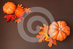 Border made of pumpkins and autumn leaves on dark background