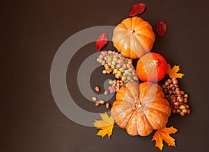 Border made of pumpkins, autumn leaves and grapes on dark background