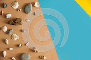 The border is made of shells, sea pebbles on a light blue and beige background.