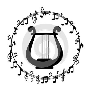 Border musical notes with harp instrument musical