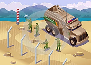 Border patrol inspects border barrier with special vehicles isometric icons on isolated background