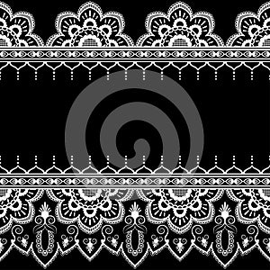 Border pattern elements with flowers and lace lines in Indian mehndi style isolated on black background.