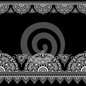 Border pattern elements with lace lines in Indian mehndi style for floral cards or tattoo isolated on black background