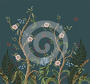 Border with peony bushes, palm and flowers in chinoiserie style. Vector.