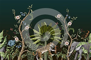 Border with peony bushes and tigers in chinoiserie style. Vector.