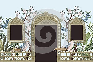 Border with peonyl trees, bird and door openings in chinoiserie style. Trendy interior print