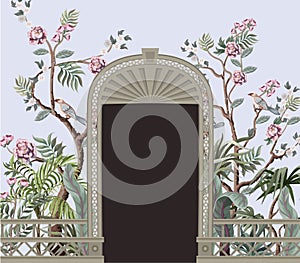 Border with peonyl trees, bird and door openings in chinoiserie style. Trendy interior print