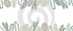 Border of pine branches and cones. Horizontal holiday seamless banner. Christmas, New Year design.