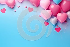 Border of pink and blue heart-shaped balloons on a blue background. Copy space, top view