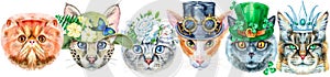 Border of portraits of cats of different breeds with accessories. Watercolor hand drawn illustraition