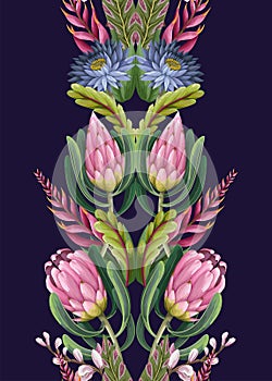 Border with proteas flowers. Trendy floral vector print.