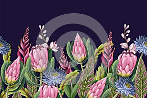 Border with proteas flowers. Trendy floral vector print.